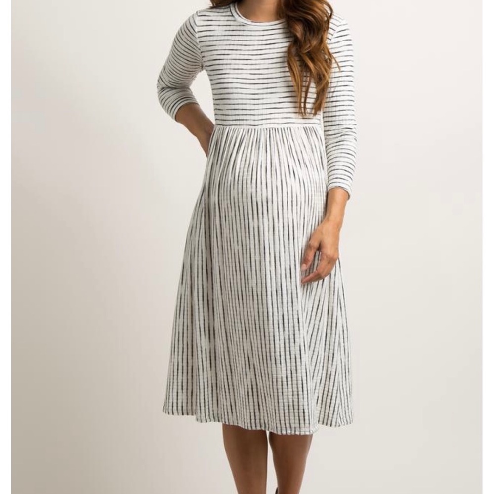 Pink Blush Ivory ribbed striped maternity dress